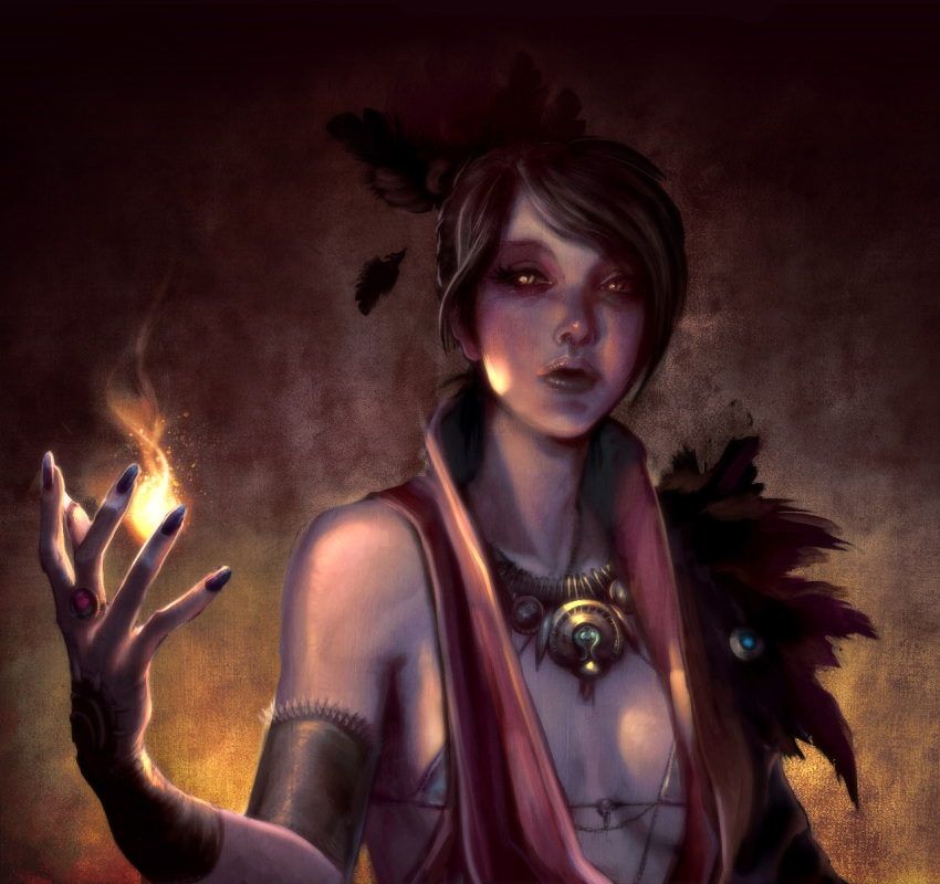 bare_shoulders, black_hair, breasts, cleavage, doe, dragon_age, dragon_age:_origins, fantasy