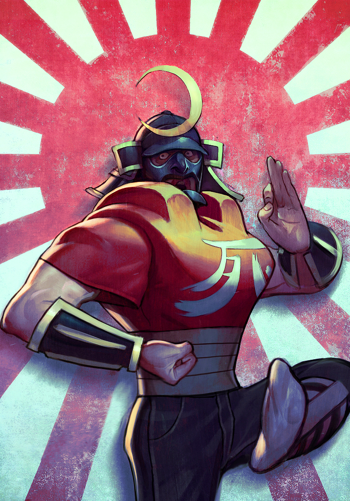 doe, final_fight, helmet, leg_up, looking_at_viewer, male, open_mouth, rising_sun