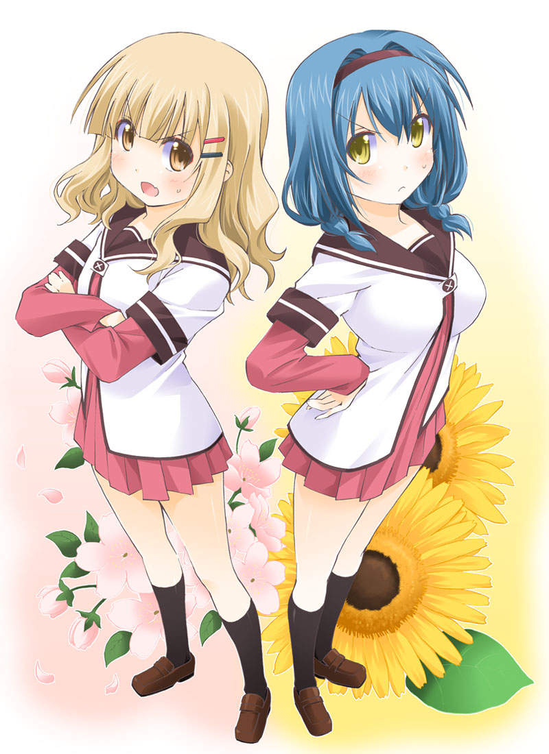 blonde_hair, blue_hair, brown_eyes, furutani_himawari, kageyama_shinobi, long_hair, multiple_girls, oomuro_sakurako