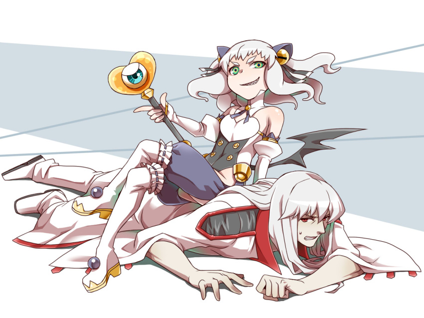 1girl, bare_shoulders, chaos_code, collar, crossed_legs, cthylla, cthylla_(chaos_code), elbow_gloves, esaka, eyebrows, gloves, green_eyes, grin, hair_ribbon, human_chair, human_furniture, kudlak_aima, legs_crossed, long_hair, red_eyes, ribbon, sharp_teeth, short_hair, sitting, sitting_on_person, smile, sweatdrop, teeth, wand, white_hair, wings, yellow_eyes