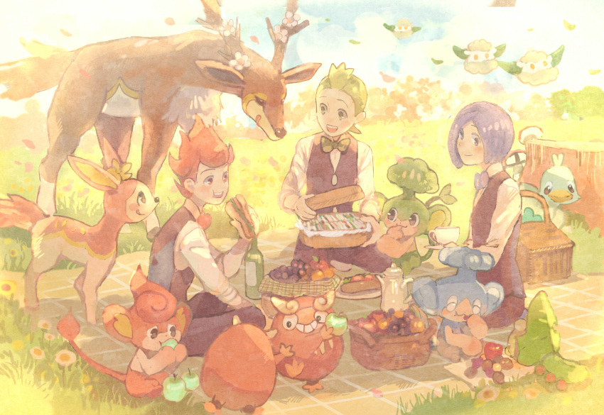 3boys, bad_id, blue_eyes, blue_hair, bowtie, character_request, corn_(pokemon), cottonee