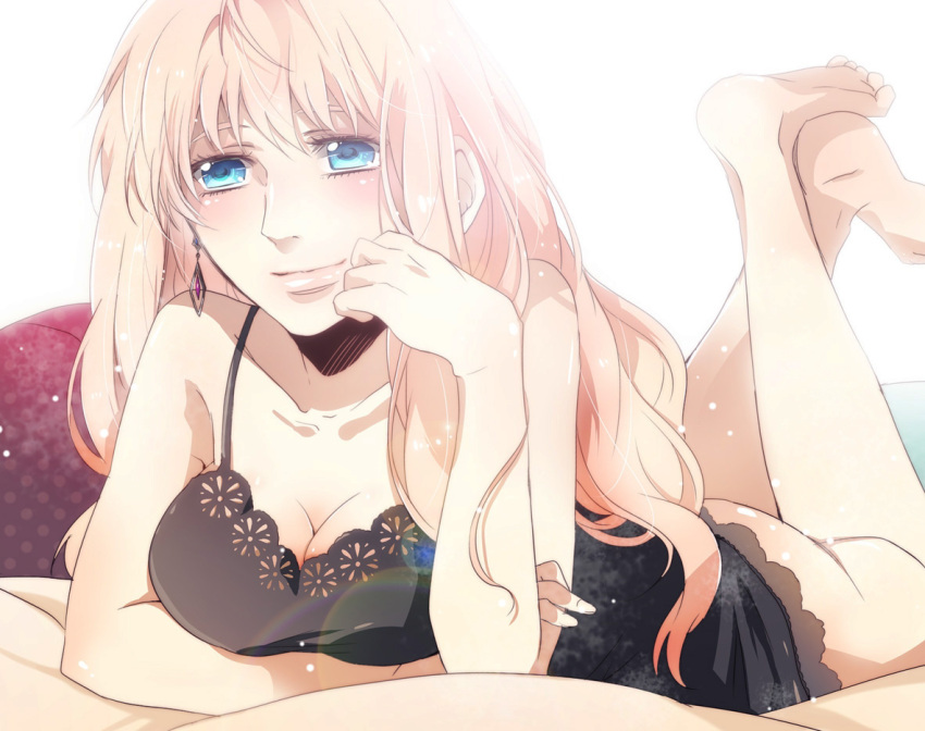 barefoot, blonde_hair, blue_eyes, blush, breasts, cleavage, earrings, gen_(enji)