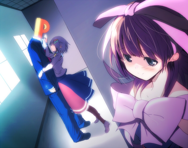 2girls, arm_up, black_legwear, blush, brown_hair, covered_eyes, green_eyes, grey_hair, hair_ornament, hair_ribbon, hairclip, hand_on_another's_cheek, hand_on_another's_face, hand_on_another's_cheek, hand_on_another's_face, idolmaster, idolmaster_cinderella_girls, itawozaki_mamoru, iwatozaki_mamoru, koshimizu_sachiko, multiple_girls, pantyhose, producer_(idolmaster), ribbon, sakuma_mayu, short_hair, skirt, smile
