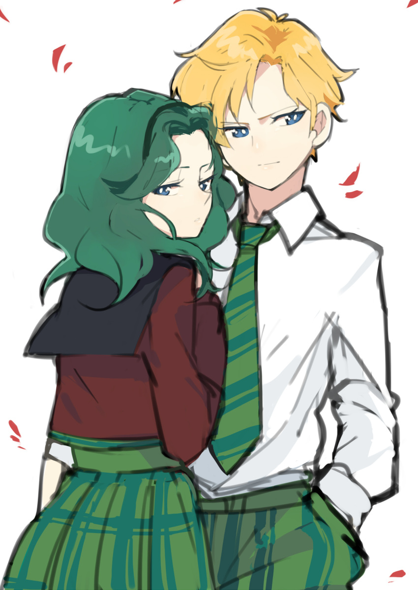 bishoujo_senshi_sailor_moon, hand_in_pocket, highres, kaiou_michiru, looking_back, multiple_girls, necktie, petals