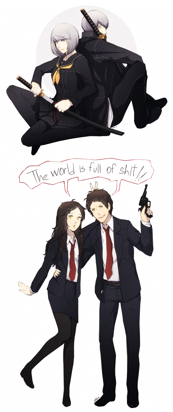 2girls, adachi_tooru, brown_hair, dual_persona, english, genderswap, grey_eyes, grey_hair, gun, highres, katana, multiple_boys, multiple_girls, mushisotisis, narukami_yuu, pantyhose, persona, persona_4, revolver, school_uniform, sheath, sword, unsheathing, v_(bunny_ears), weapon, yellow_eyes