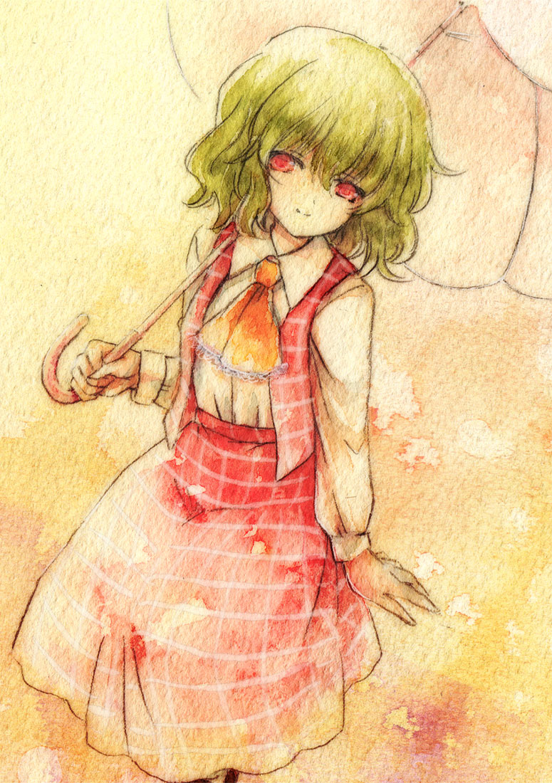 ascot, green_hair, kazami_yuuka, light_smile, long_skirt, long_sleeves, parasol, plaid