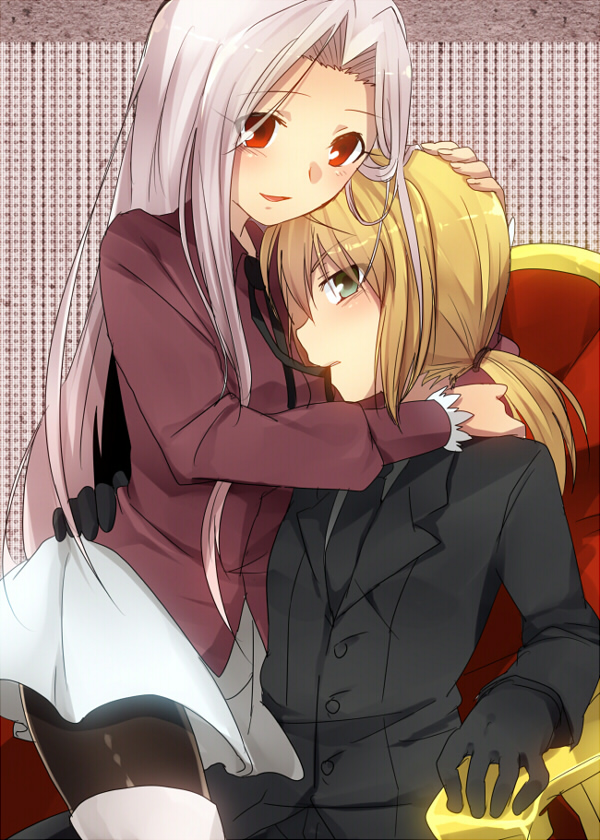 ahoge, black_gloves, blonde_hair, blush, boots, fate/zero, fate_(series), formal