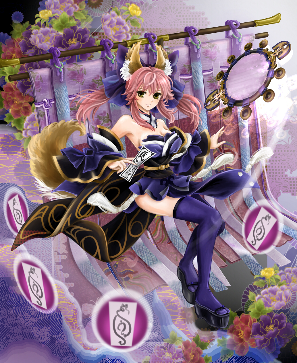 animal_ears, blue_legwear, bow, caster_(fate/extra), detached_sleeves, fate/extra, fate_(series), fox_ears