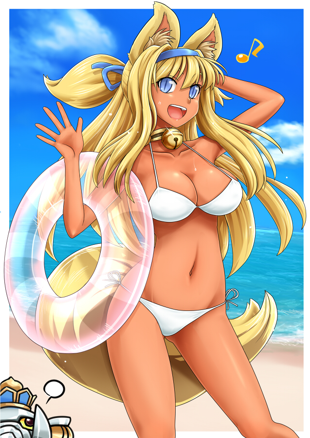 animal_ears, beach, bell, bikini, blonde_hair, blue_eyes, character_request, innertube