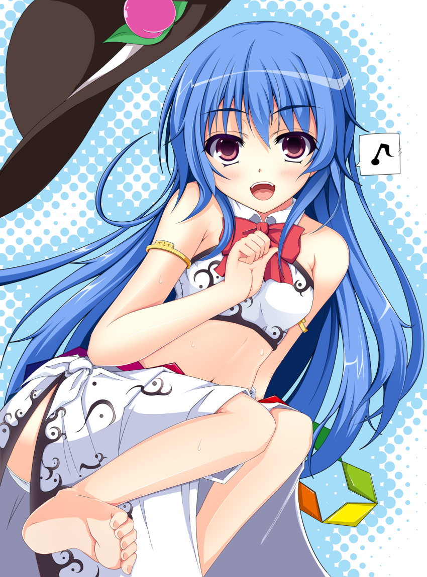 barefoot, bikini, blue_hair, chitosy, detached_collar, feet, food, fruit, hat, highres, hinanawi_tenshi, long_skirt, peach, red_eyes, sarong, skirt, soles, solo, swimsuit, toes, touhou