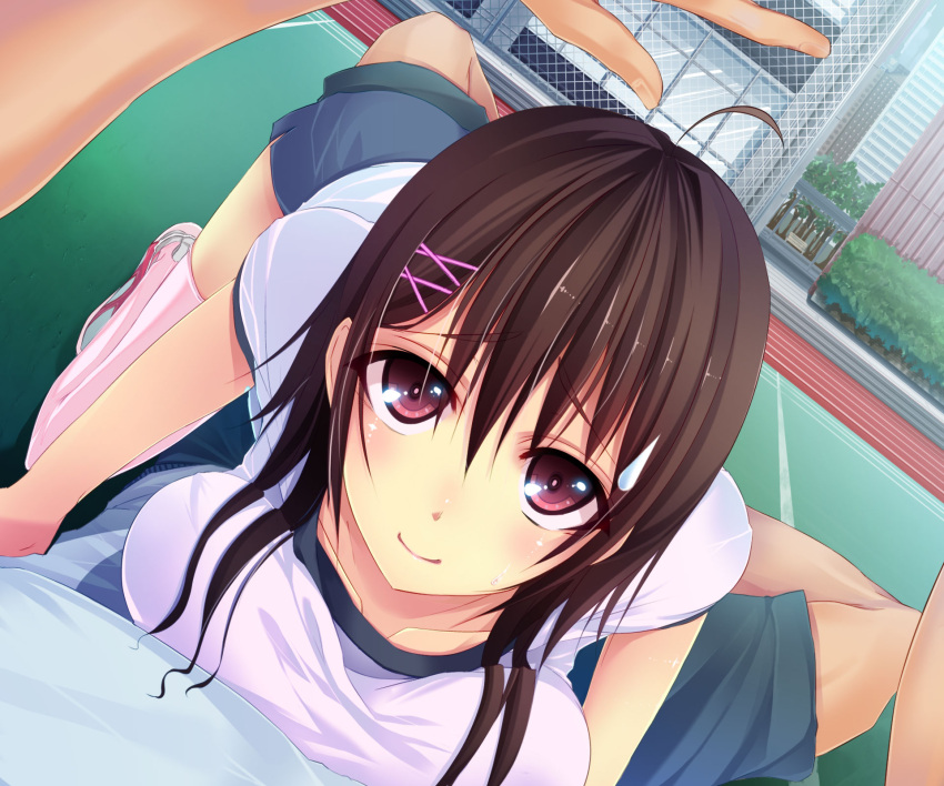 ahoge, aki_ii, breast_press, breasts, brown_hair, gym_uniform, highres, long_hair