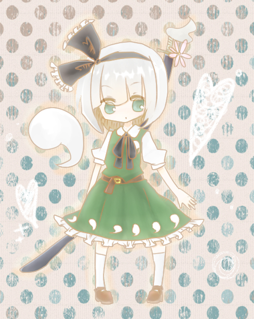 belt, dress, flower, green_eyes, hair_ribbon, hitodama, imo, konpaku_youmu