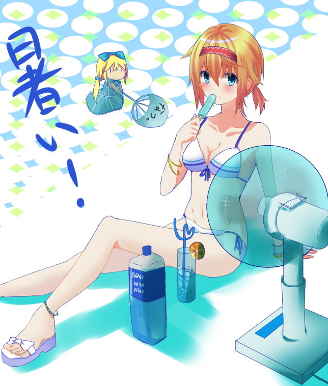 alice_margatroid, anklet, bikini, blonde_hair, blue_eyes, bottle, bow, bracelet, doll, drinking_straw, electric_fan, error, fan, glass, gurin, hairband, ice, jewelry, nail_polish, paper_fan, popsicle, shanghai_doll, short_hair, solo, swimsuit, toenail_polish, touhou, uchiwa, water, water_bottle