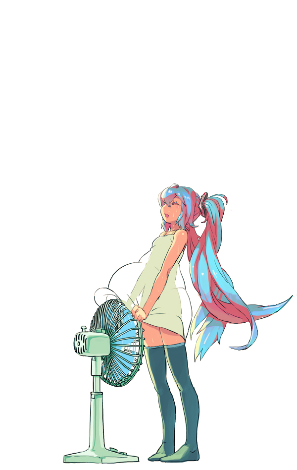 aqua_hair, closed_eyes, dress, dress_lift, electric_fan, fanning_crotch, hatsune_miku, hot, long_hair, open_mouth, rias-coast, see-through, see-through_silhouette, sleeveless, sleeveless_dress, solo, sweat, thigh-highs, thighhighs, twintails, very_long_hair, vocaloid