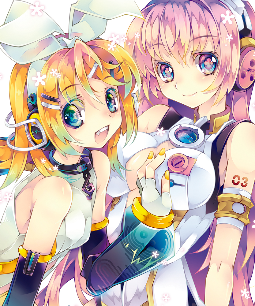 arm_warmers, blonde_hair, blue_eyes, hair_ornament, hair_ribbon, hairclip, headphones, kagamine_rin, kagamine_rin_(append), long_hair, looking_at_viewer, megurine_luka, megurine_luka_(append), multiple_girls, open_mouth, pink_hair, ribbon, sana.c, short_hair, smile, symbol-shaped_pupils, vocaloid, vocaloid_append