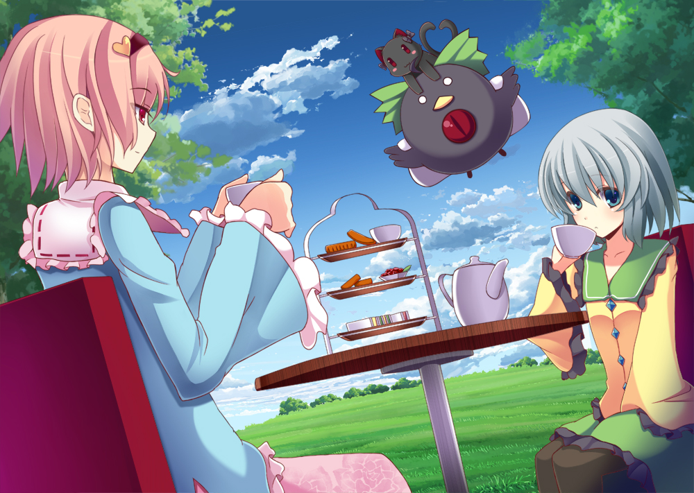 bow, butakata, cloud, clouds, cup, food, grass, green_eyes, green_hair, hairband, heart, kaenbyou_rin, kaenbyou_rin_(cat), komeiji_koishi, komeiji_satori, long_sleeves, multiple_girls, no_hat, no_headwear, pantyhose, pastries, pastry, pink_eyes, pink_hair, reiuji_utsuho, reiuji_utsuho_(bird), sandwich, short_hair, silver_hair, skirt, sky, smile, table, teacup, teapot, touhou, tree
