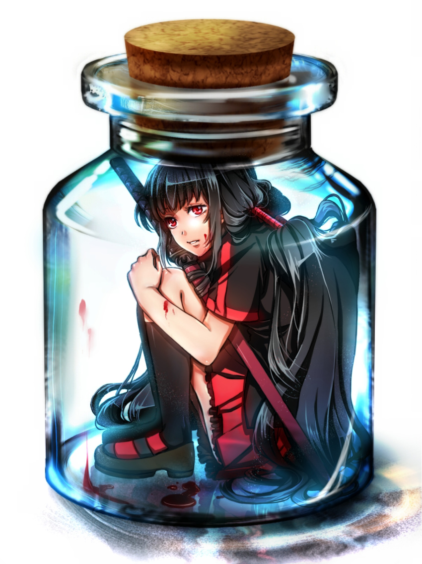 blood, blood-c, bottle, highres, kisaragi_saya, mizuno_kagari, red_eyes, sword
