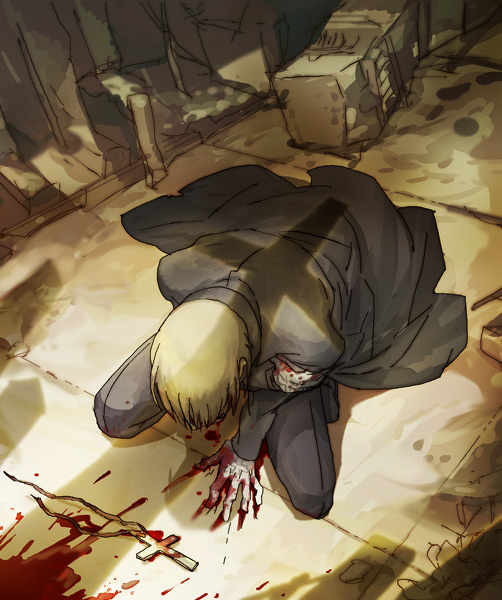 blood, cross, gloves, heinkel_wolfe, hellsing, kneeling, nankakureman, trench_coat