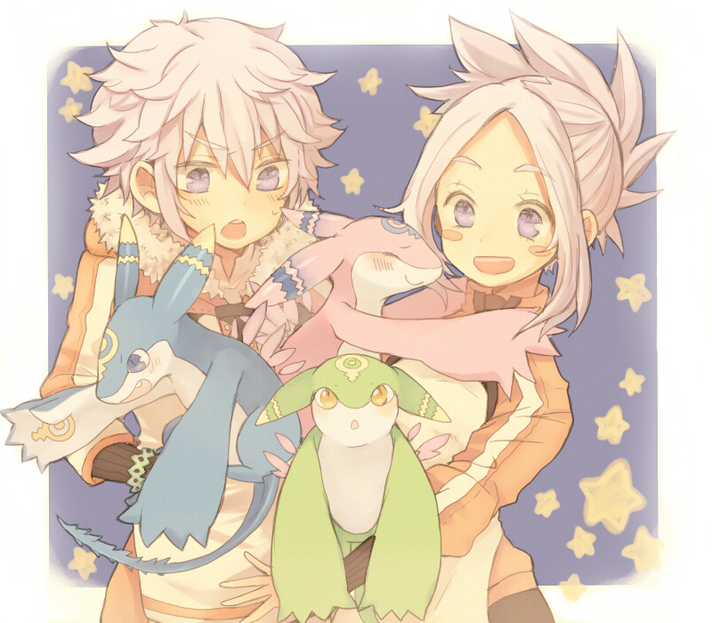 1girl, bad_id, blue_eyes, blush, character_request, coral_(summon_night), dragon, fea_(summon_night)