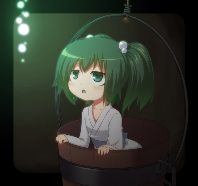 blush, bucket, collarbone, curious, green_eyes, green_hair, hair_bobbles, hair_ornament, in_bucket, in_container, kagesaki-ice, kisume, long_sleeves, open_mouth, short_hair, solo, touhou, twintails