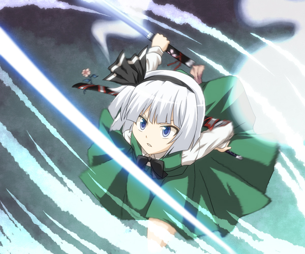 blue_eyes, bow, flower, hair_ribbon, hairband, hitodama, kagesaki-ice, konpaku_youmu