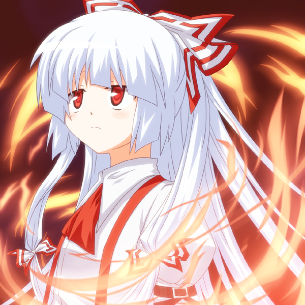 belt, bow, fujiwara_no_mokou, hair_bow, kagesaki-ice, long_hair, puffy_sleeves, red_eyes, solo, suspenders, touhou, white_hair