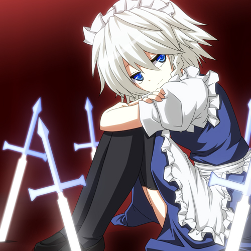 apron, black_legwear, blue_eyes, braid, izayoi_sakuya, kagesaki-ice, lowres, maid