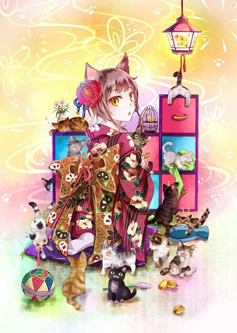 :3, ^_^, animal_ears, bird, birdcage, black_cat, bow, brown_hair