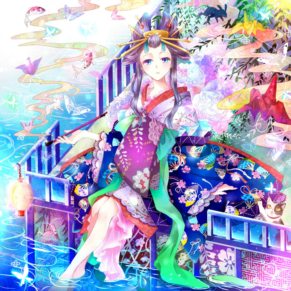 black_hair, blue_eyes, bunny, butterfly, cat, crane, feet_in_water, hair_ornament