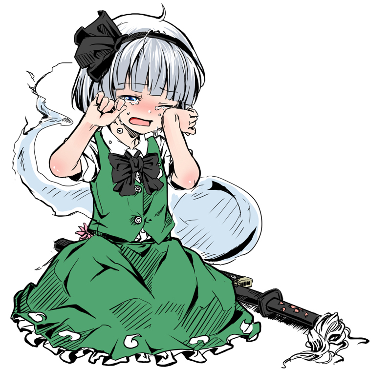 ahoge, blue_eyes, blush, crying, hair_ribbon, hairband, konpaku_youmu, konpaku_youmu_(ghost), kuro_(al-dente_660), open_mouth, ribbon, sheath, short_hair, silver_hair, simple_background, sitting, skirt, solo, sword, touhou, weapon, white_background