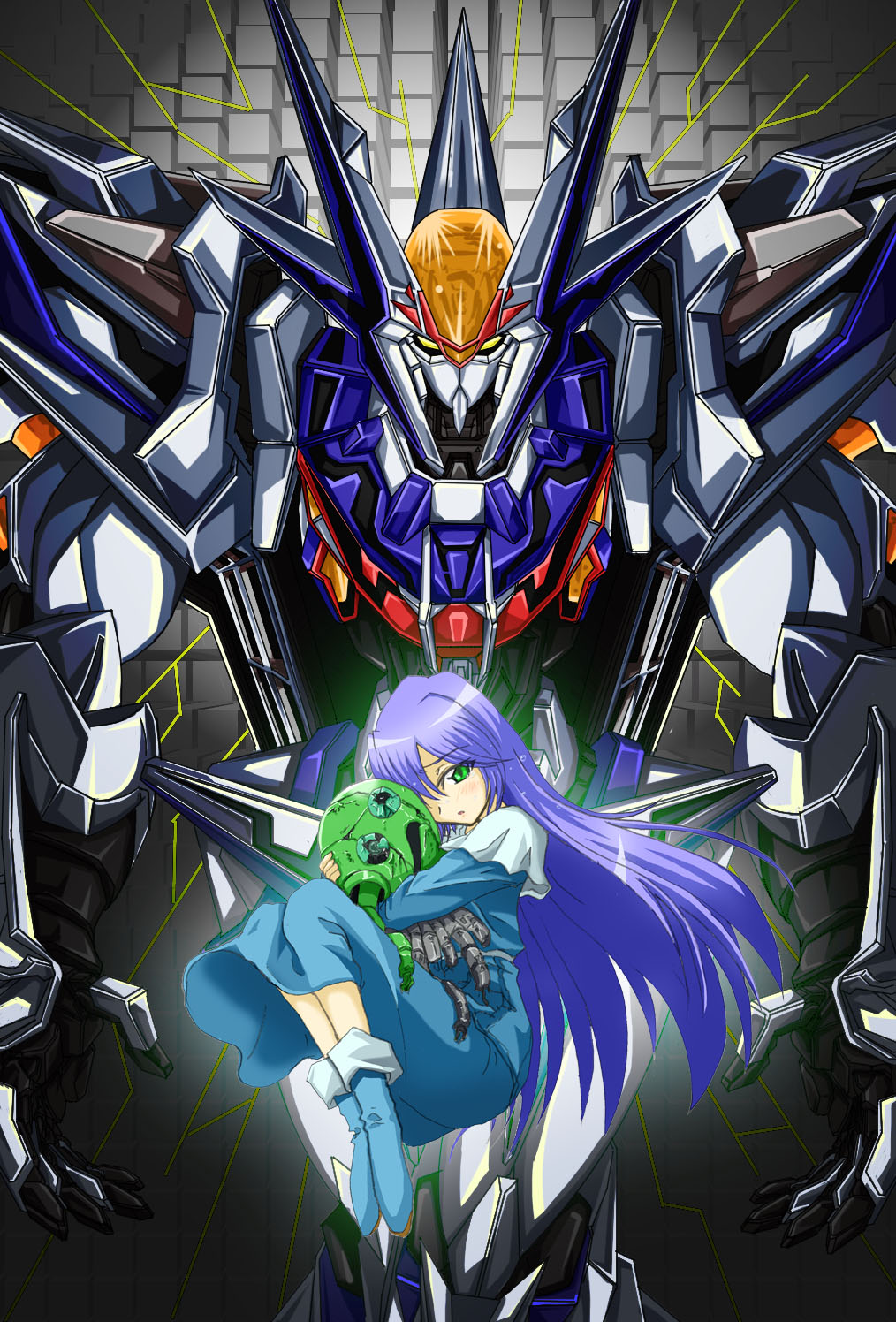 blue_hair, boots, broken, choukou_gasshin_xardion, dress, green_eyes, hair_over_one_eye, highres