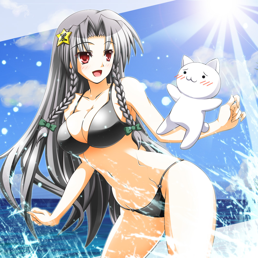 alternate_costume, alternate_hair_color, bikini, blush, braid, breasts, cat, cleavage, cloud, clouds, collarbone, grey_hair, hair_ornament, hei_meiling, long_hair, m.u.g.e.n, mound_of_venus, nanatsuki_(arca-nize), navel, ocean, open_mouth, original, red_eyes, sky, solo, star, sun, swimsuit, touhou, twin_braids, very_long_hair