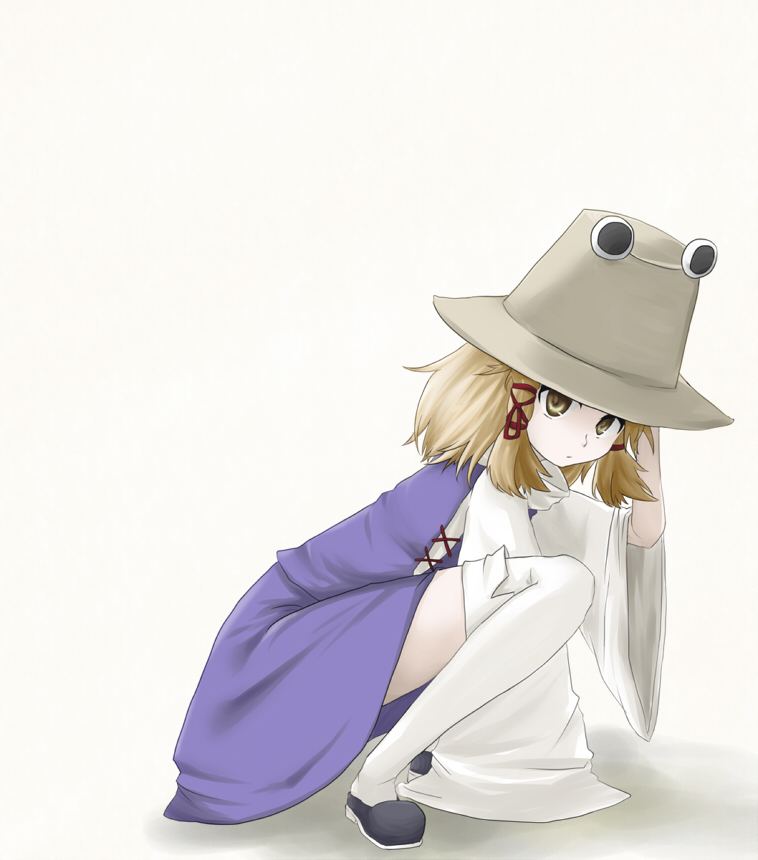 blonde_hair, eyes, hat, long_sleeves, moriya_suwako, short_hair, solo, thighhighs