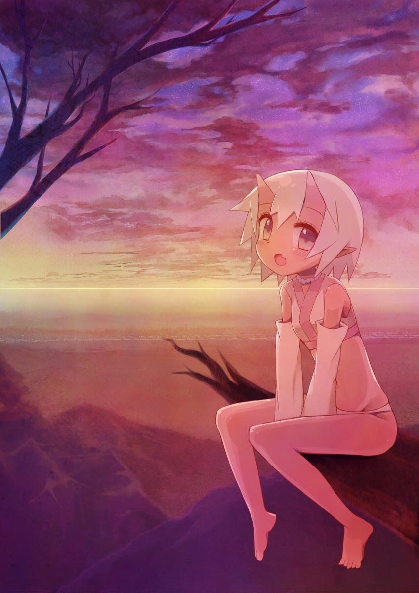 aratsuka, bad_id, barefoot, blush, branch, brown_eyes, demon_girl, detached_sleeves, highres, horns, midriff, oni, open_mouth, original, panties, pointy_ears, red_eyes, short_hair, silver_hair, sitting, sky, smile, solo, tree, underwear
