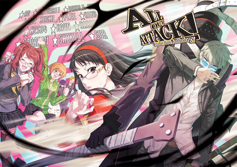4girls, amagi_yukiko, black_hair, blue_hair, brown_hair, glasses, grey_hair, hanamura_yousuke