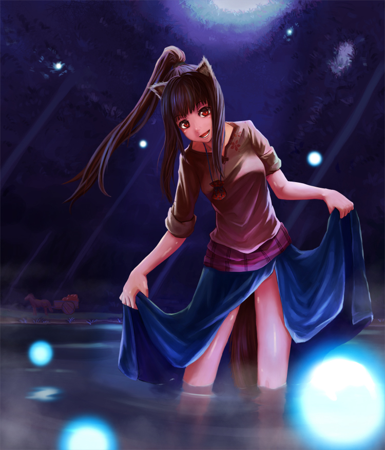 animal_ears, atorosu, brown_hair, holo, horo, long_hair, night, open_mouth