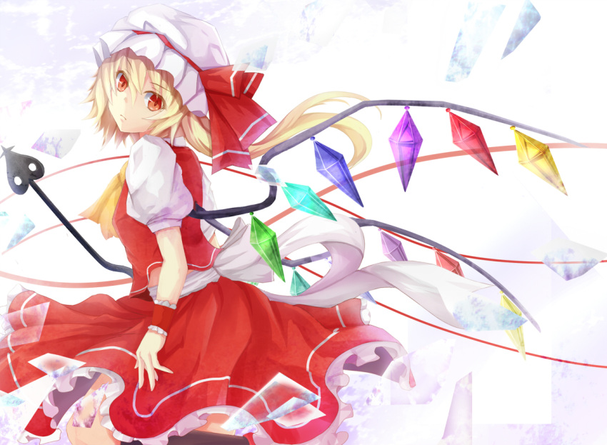 ascot, blonde_hair, crystal, flandre_scarlet, hat, hat_ribbon, laevatein, puffy_sleeves
