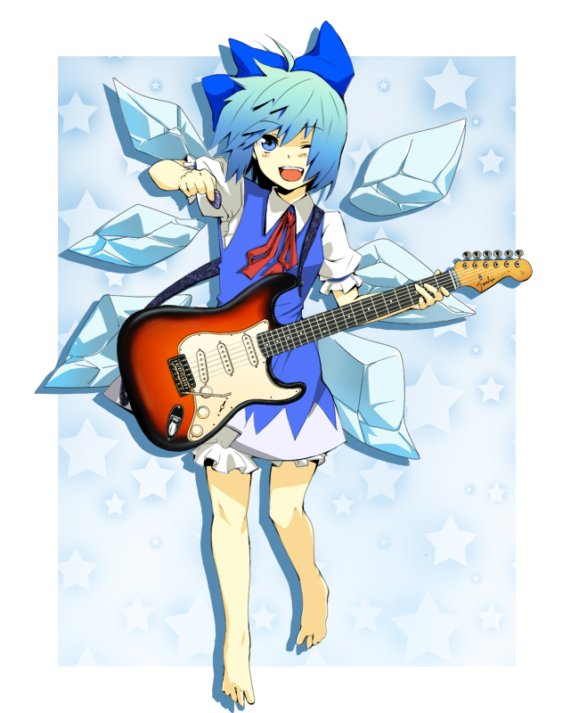 atsumi_haru, barefoot, blue_eyes, blue_hair, bow, cirno, electric_guitar, guitar, hair_bow, instrument, open_mouth, plectrum, smile, solo, touhou, whammy_bar, wink