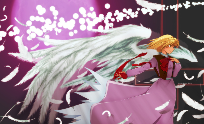 angel_wings, blonde_hair, bowtie, dress, feathered_wings, feathers, full_moon, gengetsu