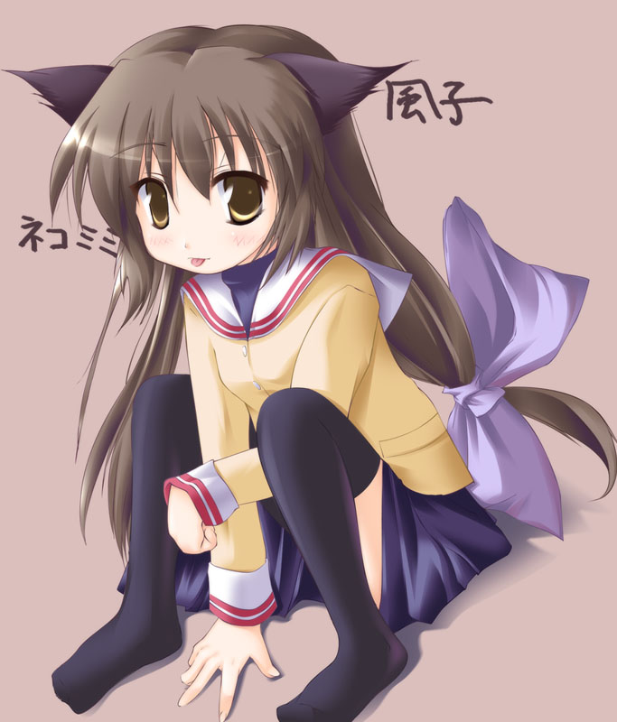 :p, animal_ears, black_legwear, bow, brown_eyes, brown_hair, cat_ears, clannad