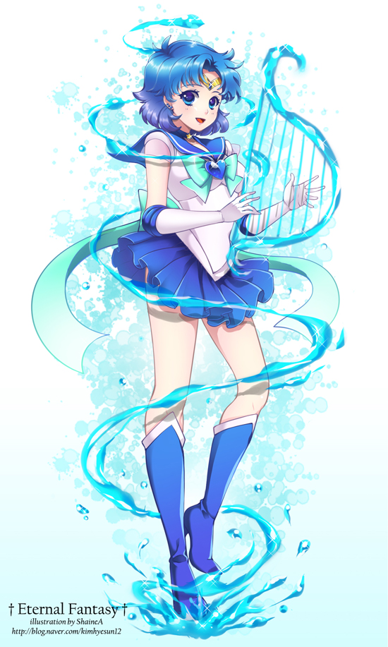 bishoujo_senshi_sailor_moon, blue, blue_dress, blue_eyes, blue_hair, boots, bow, brooch