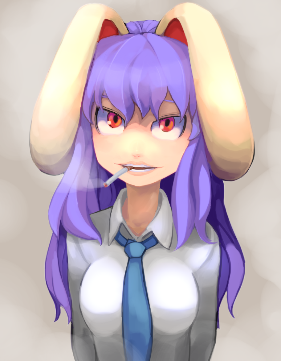 animal_ears, bunny_ears, bust, cigarette, dress_shirt, hospital_king, kimonge, lips, necktie, purple_hair, rabbit_ears, red_eyes, reisen_udongein_inaba, shirt, smile, smoking, solo, teeth, touhou, white_background