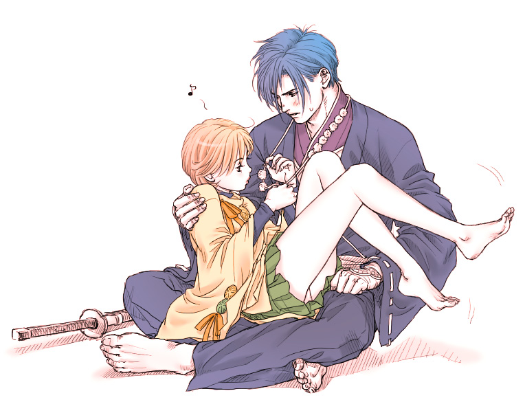 blue_hair, blush, brown_hair, feet, harukanaru_toki_no_naka_de, harukanaru_toki_no_naka_de_2, jewelry, kiske