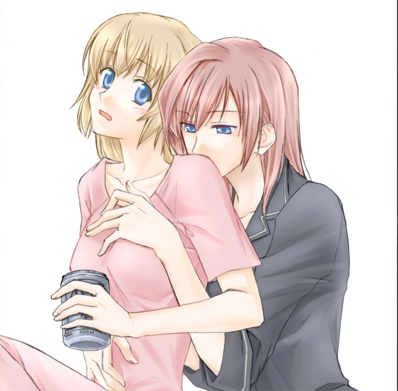 blonde_hair, blue_eyes, can, fervent_idiot, hakuisei_ren'ai_shoukougun, hakuisei_ren'ai_shoukougun, hug, hug_from_behind