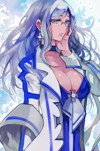 artist_request, bow, breasts, choker, cleavage, collar, earrings, glasses