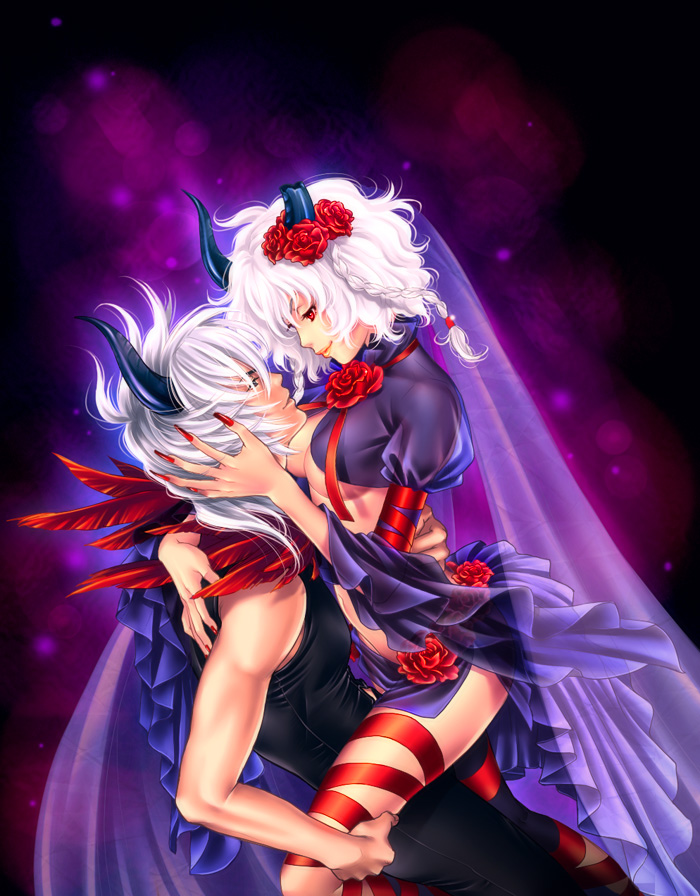 1boy, 1girl, cleavage, couple, fingernails, flower, hair_flower, hair_ornament