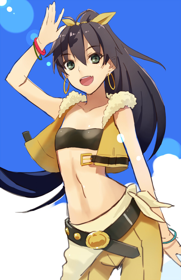 :d, antenna_hair, arm_up, belt, beyond_the_vibes, black_eyes, black_hair, bow