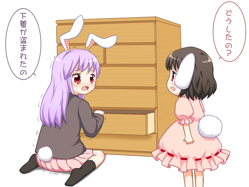 animal_ears, bebelona, brown_eyes, brown_hair, bunny_ears, bunny_tail, chest_of_drawers, crying