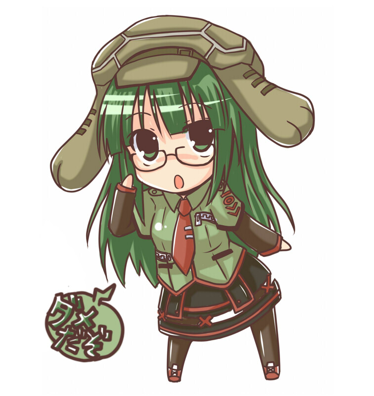 chibi, genbu_(rock_heart), green_eyes, green_hair, hat, long_hair, necktie, open_mouth, original, rock_heart, simple_background, solo, translation_request, very_long_hair, white_background