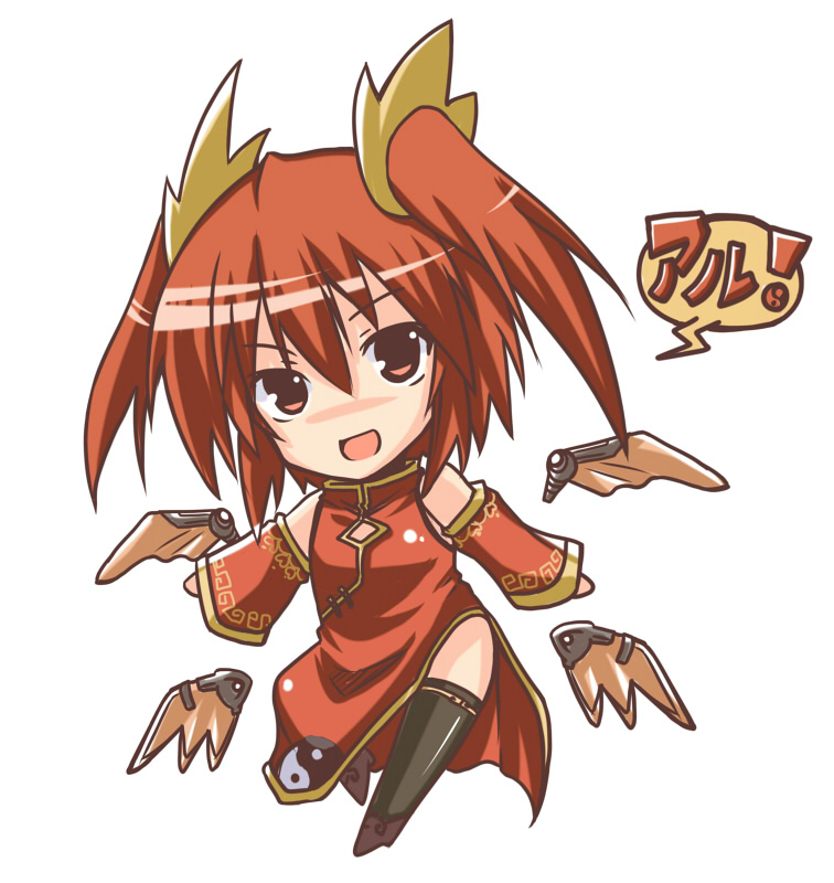 chibi, detached_sleeves, looking_at_viewer, original, red_hair, redhead, rock_heart, smile, solo, suzaku_(rock_heart), white_background